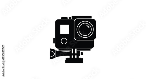 A black silhouette of a modern action camera capturing dynamic point of view silhouette