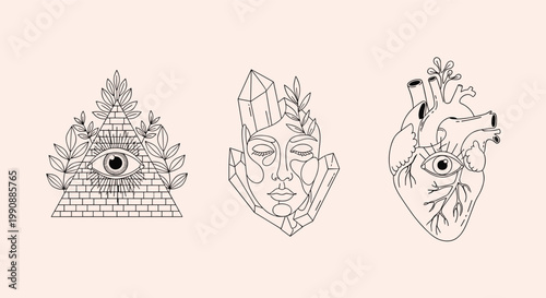 Set of three mystical line art symbols featuring an eye in a pyramid with leaves, a human face with crystals, and an anatomical heart with an eye.