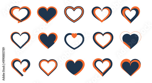 Large set of fifteen unique heart icons designed with navy blue and bright orange color accents suitable for romance and health related projects.