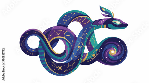 This artistic representation of a snake entwined with constellations captures the cosmic allure of the universe in a colorful and whimsical illustration.