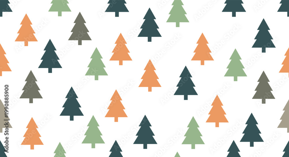 Obraz premium Seamless pattern featuring a minimalist design of pine and fir trees in various shades of green, orange, and gray against a clean white background.