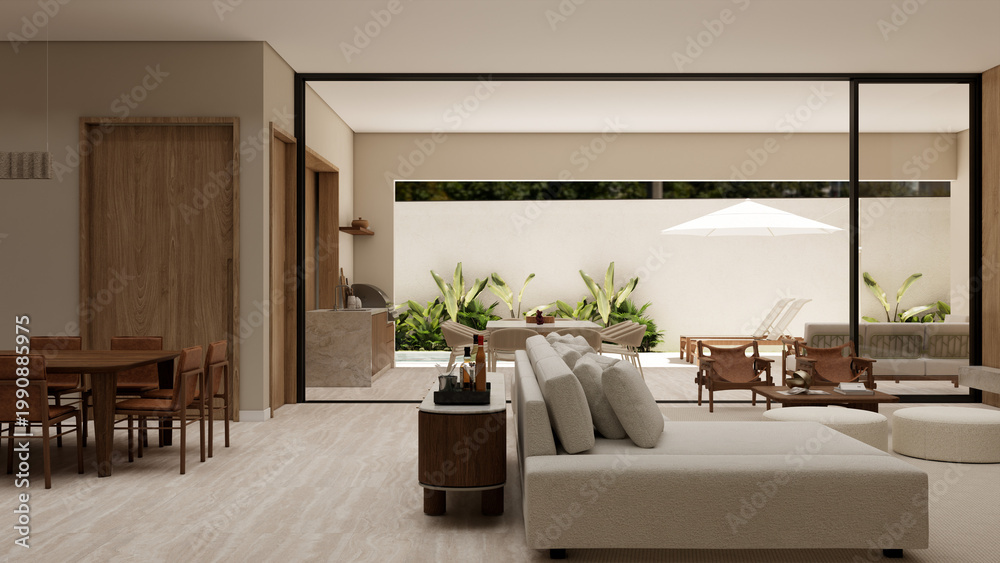 Fototapeta premium Modern Luxury Open Concept Living Room with Wood Paneling and Seamless Outdoor Patio