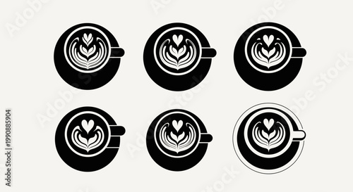 Top view set of six black coffee cups with intricate latte art heart designs