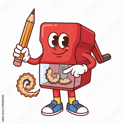 A cheerful cartoon pencil sharpener holding a pencil, engaging with creativity, displaying a sense of fun and education, emphasizing childhood joy and the act of learning.