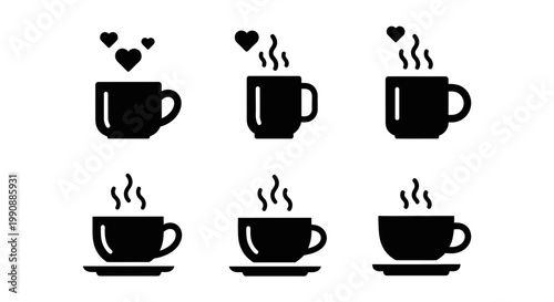 Set of six black silhouette icons representing coffee or tea mugs with steam and heart shapes indicating warmth or love on white background
