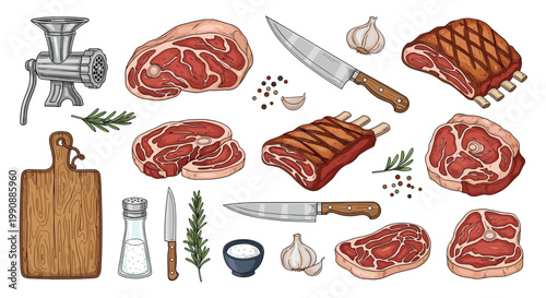 Selection of various raw meat cuts including steaks and ribs shown alongside kitchen tools like a meat grinder, cutting board, and chef knives.