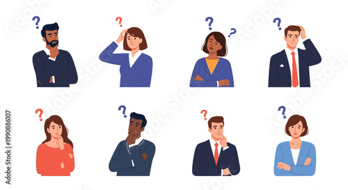 Illustration of eight diverse men and women in professional attire looking thoughtful with blue and orange question marks floating above their heads.