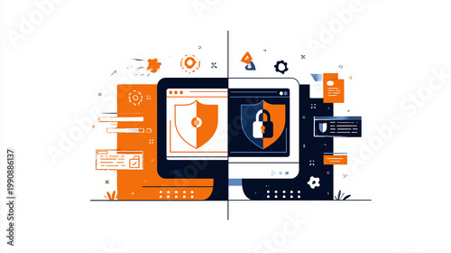 Flat illustration of a split screen showing cybersecurity concepts, suitable for technology articles, presentations, or website banners.