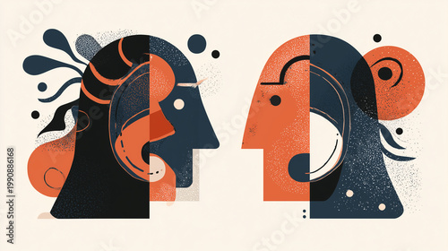 Flat illustration of two abstract split faces in profile, suitable for communication concepts, psychology articles, or modern art designs.