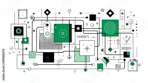 Flat illustration of an abstract technological circuit board, suitable for tech websites, software development ads, or digital presentations.
