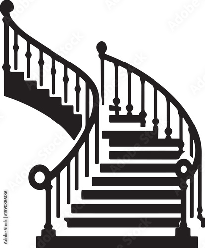 Elegant wooden architecture defines this interior staircase featuring a red carpet over white steps with a classic metal handrail leading up through the house.