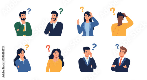 Eight different people of various ethnicities and ages depicted in thoughtful and confused poses with colorful question marks above their heads.