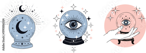 Mystical Crystal Ball with All Seeing Eye Moon and Stars Fortune Teller Magic Symbol Flat Vector Illustration Set for Spiritual Design