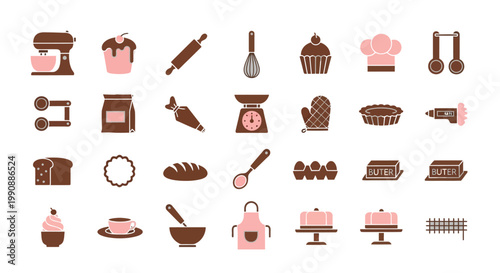 Colorful assortment of baking and kitchen essentials icons Vector