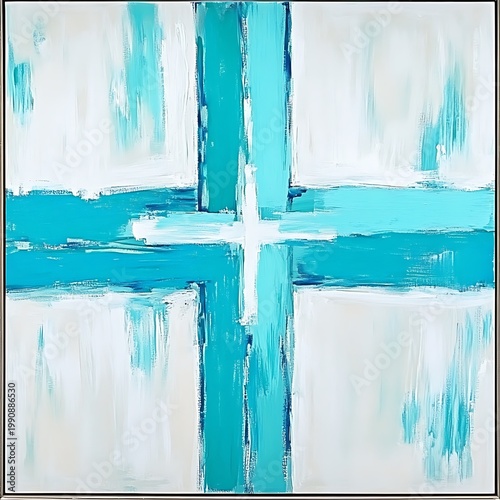 Teal abstract cross painting with textured brushstrokes on a white canvas background
