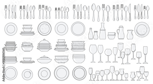 Extensive set of kitchenware and tableware items including plates, bowls, glasses, cutlery, and bottles designed in a clean gray line art style.
