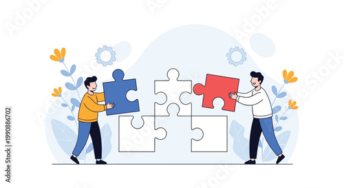 Two men working together to assemble large puzzle pieces in front of a decorative floral background to represent teamwork and problem solving.