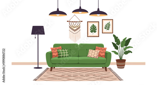 Stylish modern living room interior design featuring a comfortable green sofa, decorative cushions, indoor plants, and elegant hanging lamps.