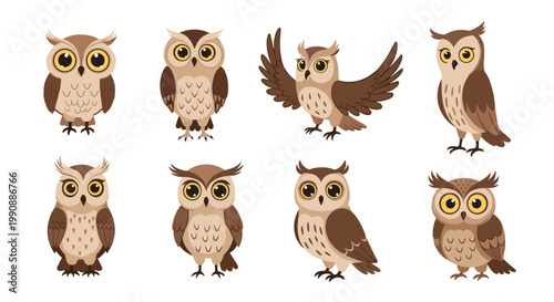 Set of eight adorable owl characters in various poses such as flying, perched, and looking forward with expressive large eyes and soft feathers.