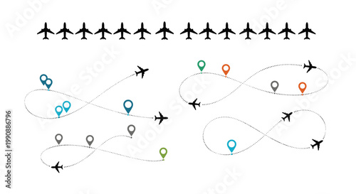 Collection of airplane icons and dotted flight path lines with colorful location pins representing global travel and various flight routes.
