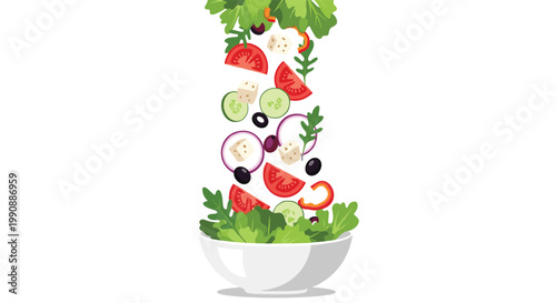 Dynamic illustration of fresh salad ingredients like tomatoes, cucumbers, olives, and feta cheese falling into a white bowl with green lettuce.