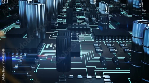 Camera pushing forward, PCB parts shifting, neon traces pulsing, golden network showing signal flow