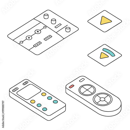 A vector graphic illustration of various remote controls and control panels with buttons and symbols