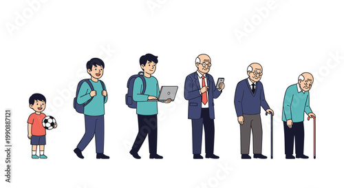 Sequential illustration of human aging stages for a male character starting from a small child to an elderly man with a walking stick.