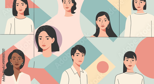 A stylish illustration of a woman looking forward with a calm expression. Perfect for representing diversity, empowerment, and professional concepts i