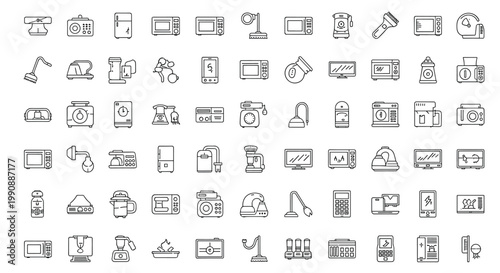 Extensive set of home appliance line icons including kitchen gadgets, vacuum cleaners, microwaves, and various household electronics.