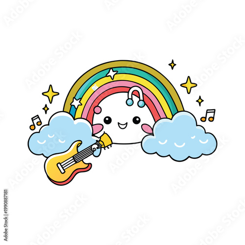 Cute cartoon cloud playing electric guitar under a rainbow music