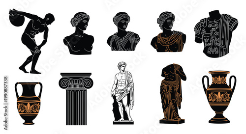 Collection of classical ancient Greek and Roman art pieces including sculptures, busts, ionic columns, and amphora vases.