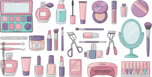 Complete Feminine Beauty and Makeup Tools Collection with Eyeshadow Palette Lipstick Perfume Mirror and Brushes Flat Vector Illustration Set