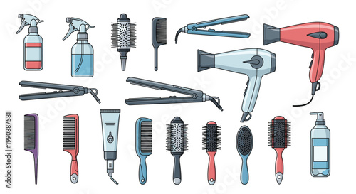 Comprehensive collection of professional hair styling tools including hair dryers, flat irons, brushes, and salon accessories.