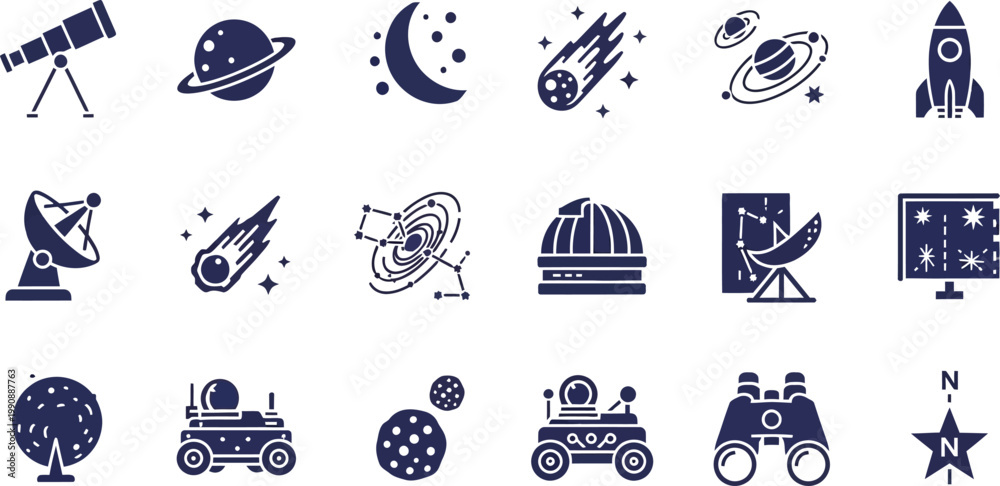 Fototapeta premium Collection of icons representing various elements and tools of space exploration and astronomy Vector