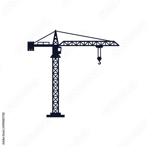 A detailed illustration of a black construction crane with a hook and boom on a white background.