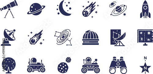 Collection of icons representing various elements and tools of space exploration and astronomy Vector
