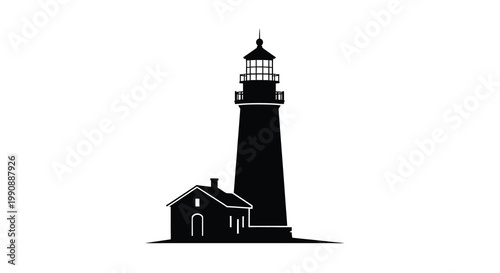 Simple black silhouette of a lighthouse and keeper s cottage