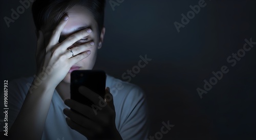 Stressed woman covering face while using smartphone in dark, eye strain, fatigue and digital overload concept