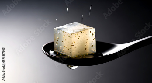 Japanese minimalist. a single, perfect cube of jellified cheese consommé (clear cheese soup), quivering on the tip of a spoon, with tiny herb particles visible inside 