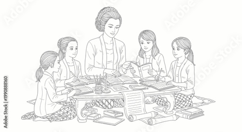 A beautiful line art illustration of an Indonesian woman teacher educating young girls in traditional attire, symbolizing the enduring value of learning and cultural heritage