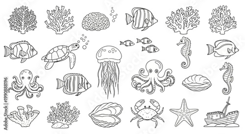 Underwater Marine Life Line Art Collection. Outline Set of Sea Animals, Coral, and Shells. Vector Illustration for Coloring Books.