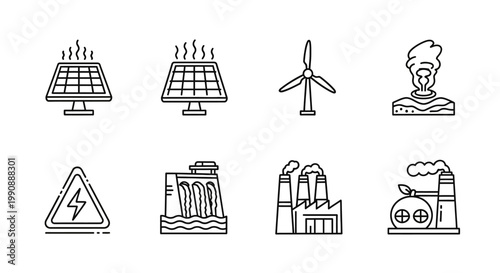 Energy Generation Icons Set: Solar, Wind, Hydro, Geothermal, Fossil Fuel Power Plants & Electricity Warning Signs. Sustainable & Industrial Power Line Art.