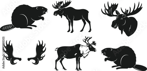Canadian wildlife vector illustration set with beaver moose caribou and antler silhouettes.