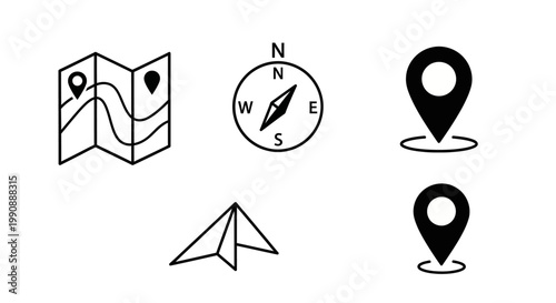Navigation and Travel Icons Set: Map, Compass, Paper Airplane, Location Pins. Minimalist Line Art Vector Graphics Collection.