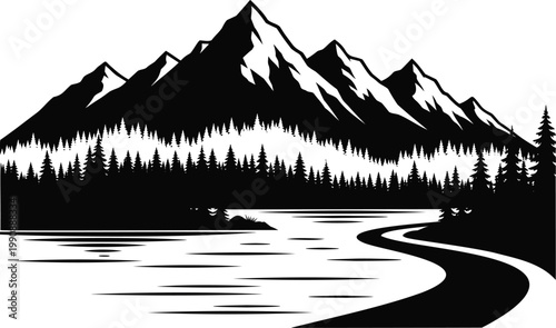 Mountain landscape vector illustration with pine forest river and high peak scenic background.