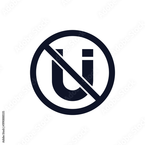 A large black circle with a diagonal line through a lowercase letter 'u' and 'i' on a white.