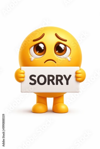 Fototapeta Cute sad yellow emoji 3d character expressing apology holding sign with sorry message.