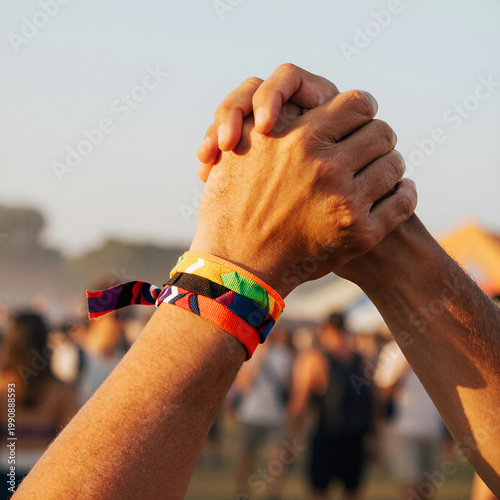 A close-up of two hands holding each other, with a blurred crowd in the background. Festival wristband hands macro.