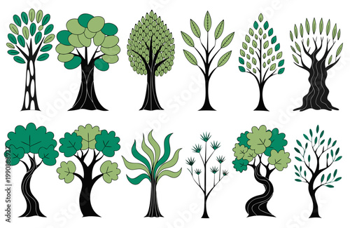 A collection of 12 stylized, geometric tree illustrations arranged in two rows on a white background. The designs utilize a palette of green tones (mint, lime, forest) and black silhouettes for trunks